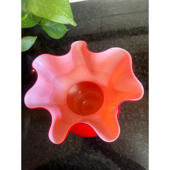 Beautiful Vintage Murano 9" Red Cased Art Glass Vase Applied Yellow Rose Flower - Picture 5 of 9